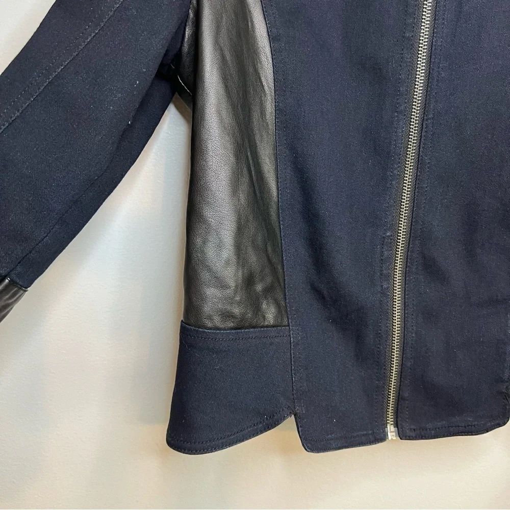 Kiind of Thalia faux leather two toned jacket Sz L Navy Black Cotton Chic City - Picture 5 of 14
